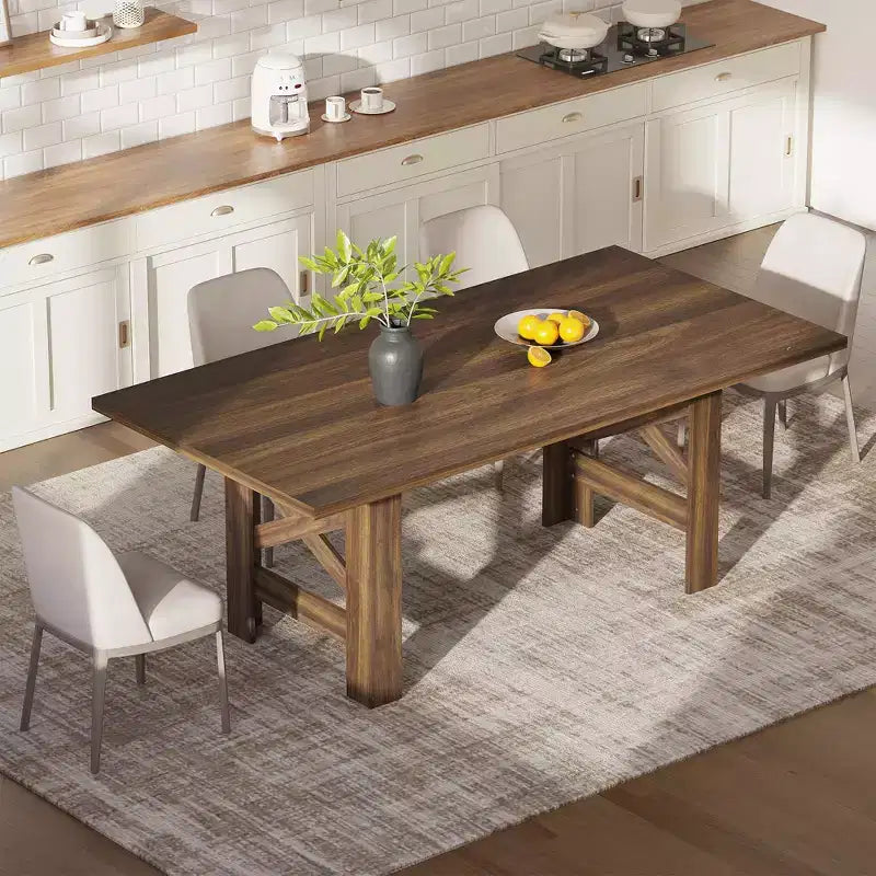 71" Rustic Dining Table, Farmhouse Rectangular Wooden Kitchen Table for 6-8, Thick Rectangle Tabletop, Heavy-Duty Base
