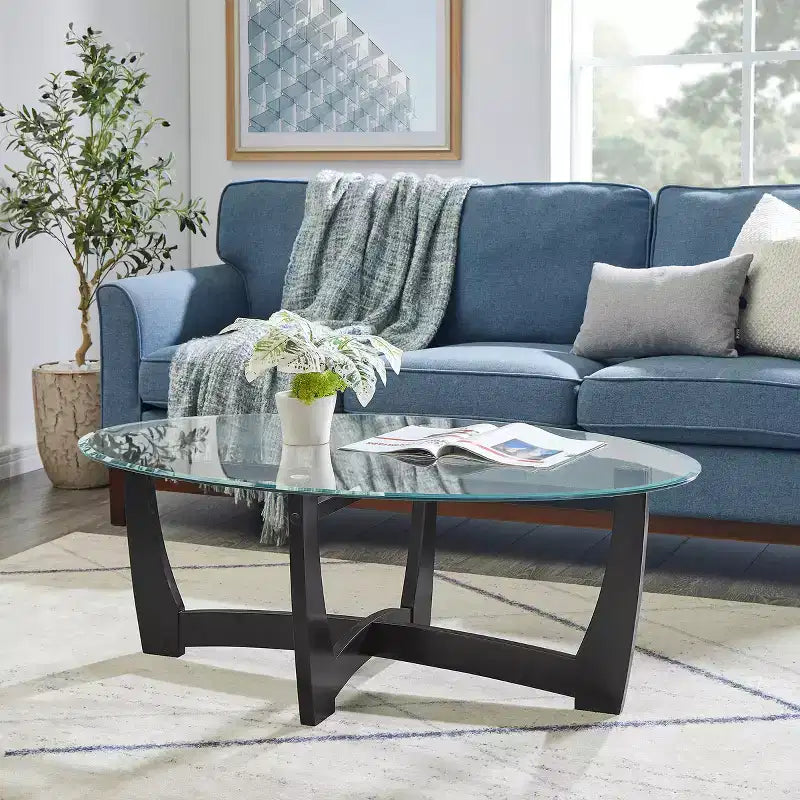 48 inch Oval Glass Coffee Table, Black Round Coffee Table with Glass Top, Small Coffee Table for Living Room, Office