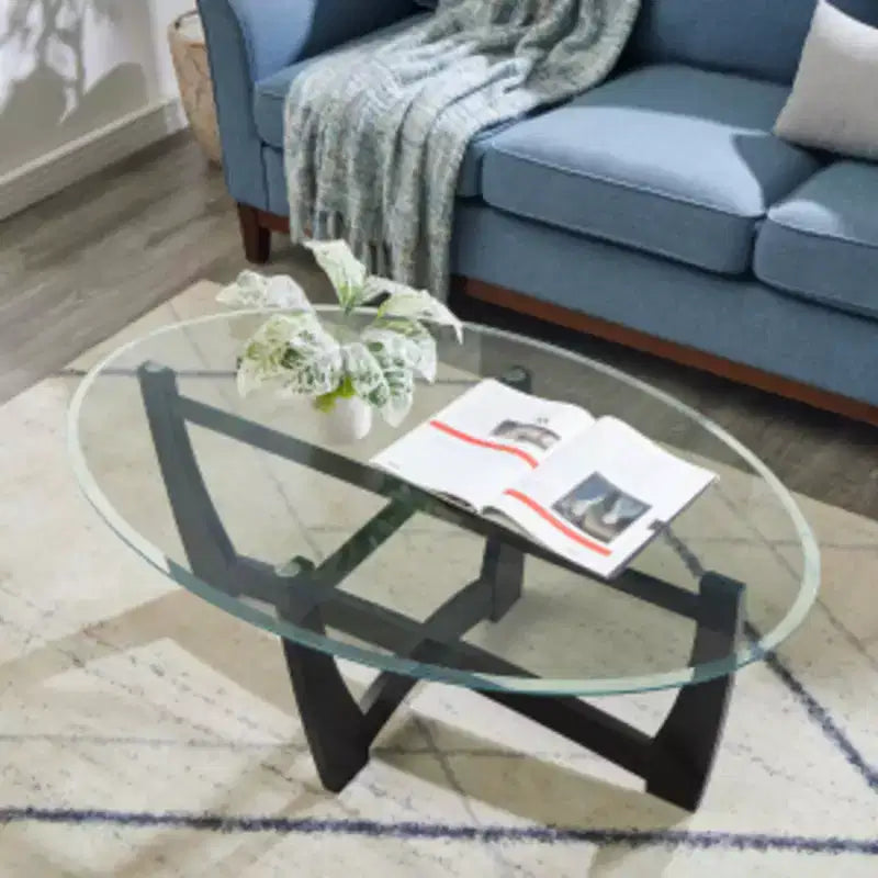 48 inch Oval Glass Coffee Table, Black Round Coffee Table with Glass Top, Small Coffee Table for Living Room, Office