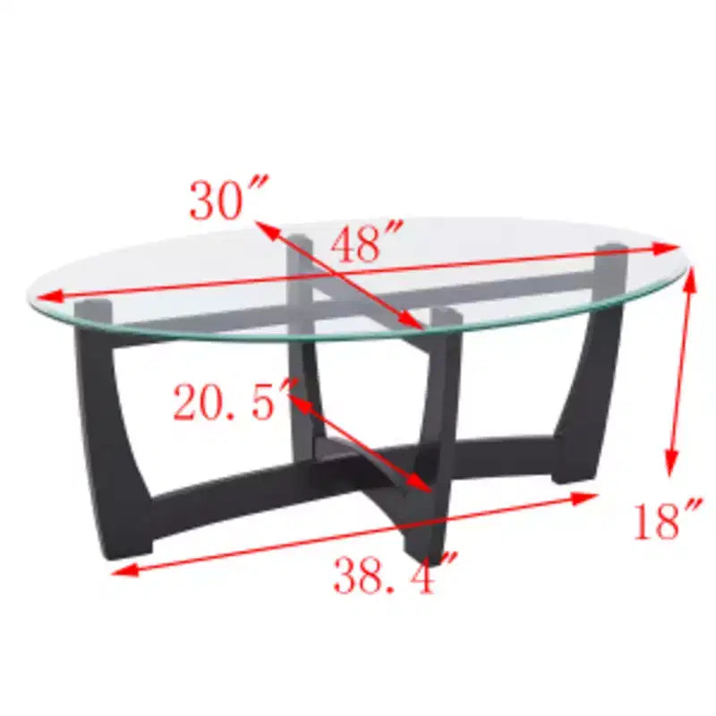 48 inch Oval Glass Coffee Table, Black Round Coffee Table with Glass Top, Small Coffee Table for Living Room, Office