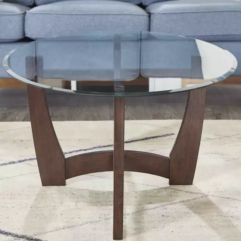 48 inch Oval Glass Coffee Table, Cherry Round Coffee Table with Glass Top, Small Coffee Table for Living Room, Office