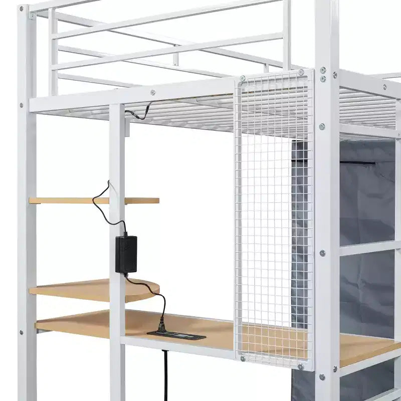 Letto a soppalco in metallo con scrivania, mensole, armadio, presa di corrente e LED