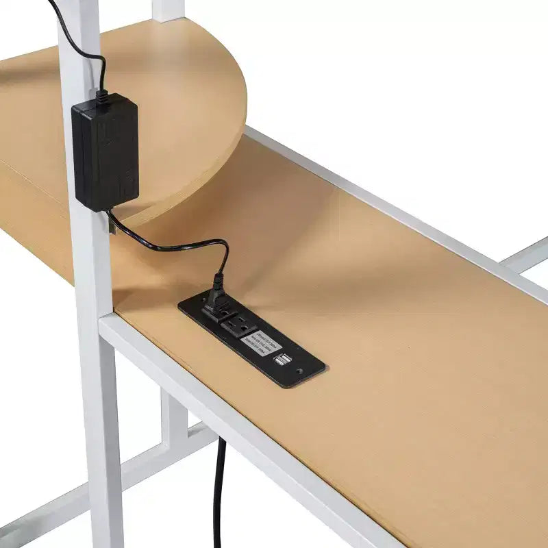Letto a soppalco in metallo con scrivania, mensole, armadio, presa di corrente e LED