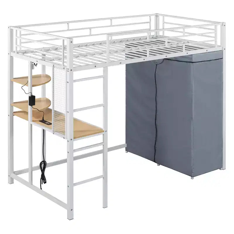 Letto a soppalco in metallo con scrivania, mensole, armadio, presa di corrente e LED