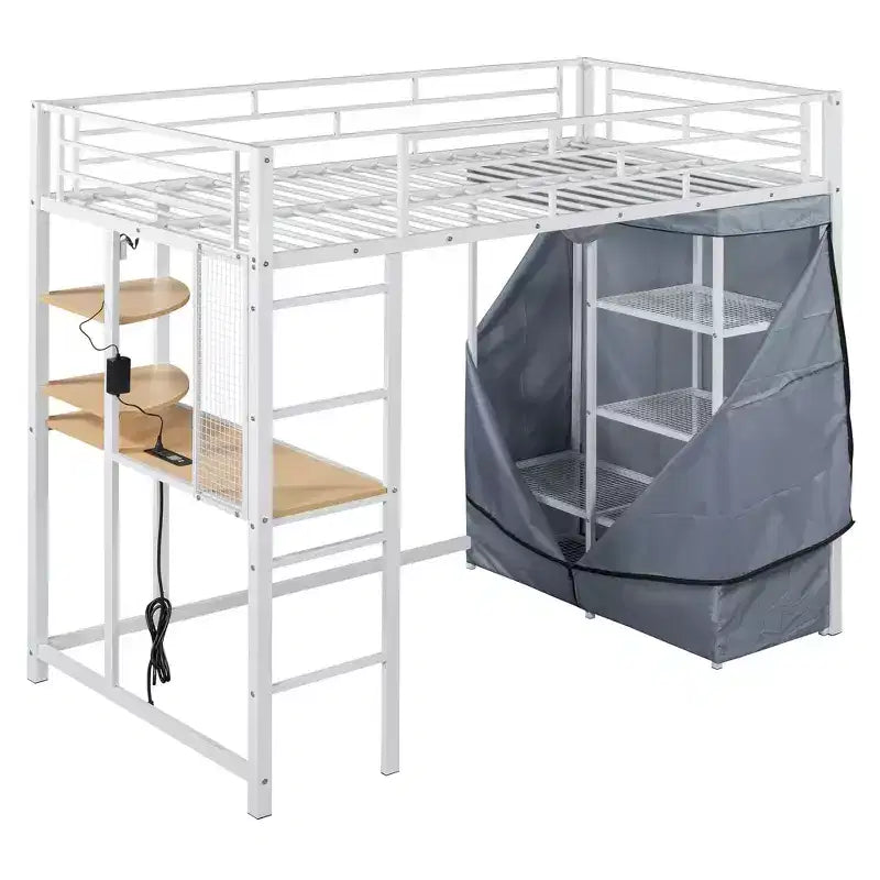Letto a soppalco in metallo con scrivania, mensole, armadio, presa di corrente e LED