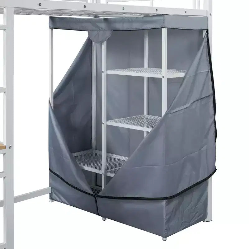 Letto a soppalco in metallo con scrivania, mensole, armadio, presa di corrente e LED
