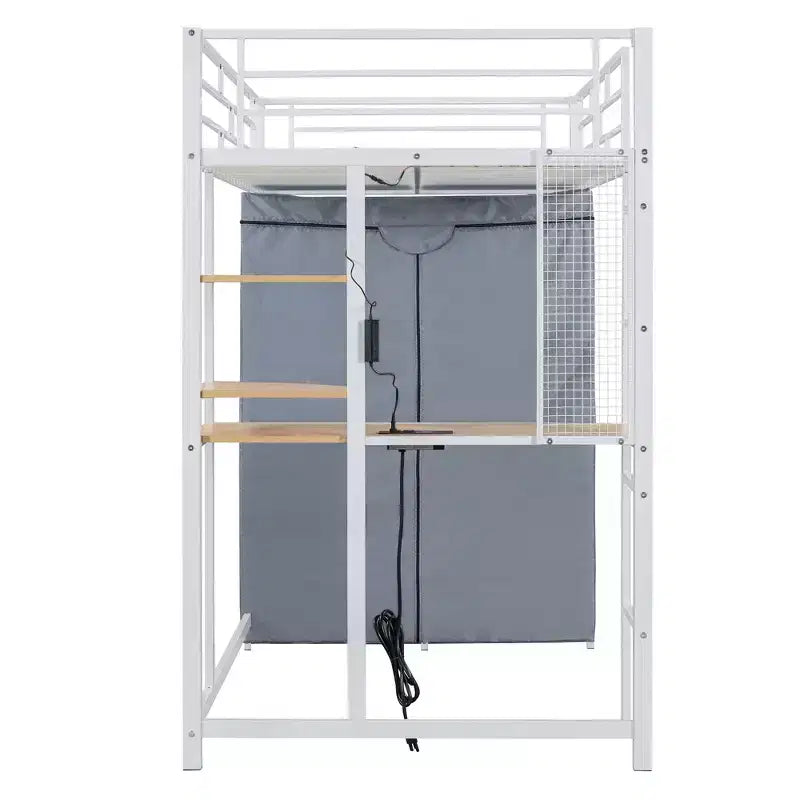 Letto a soppalco in metallo con scrivania, mensole, armadio, presa di corrente e LED