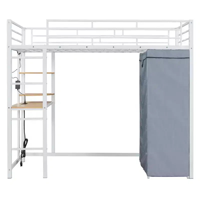 Letto a soppalco in metallo con scrivania, mensole, armadio, presa di corrente e LED