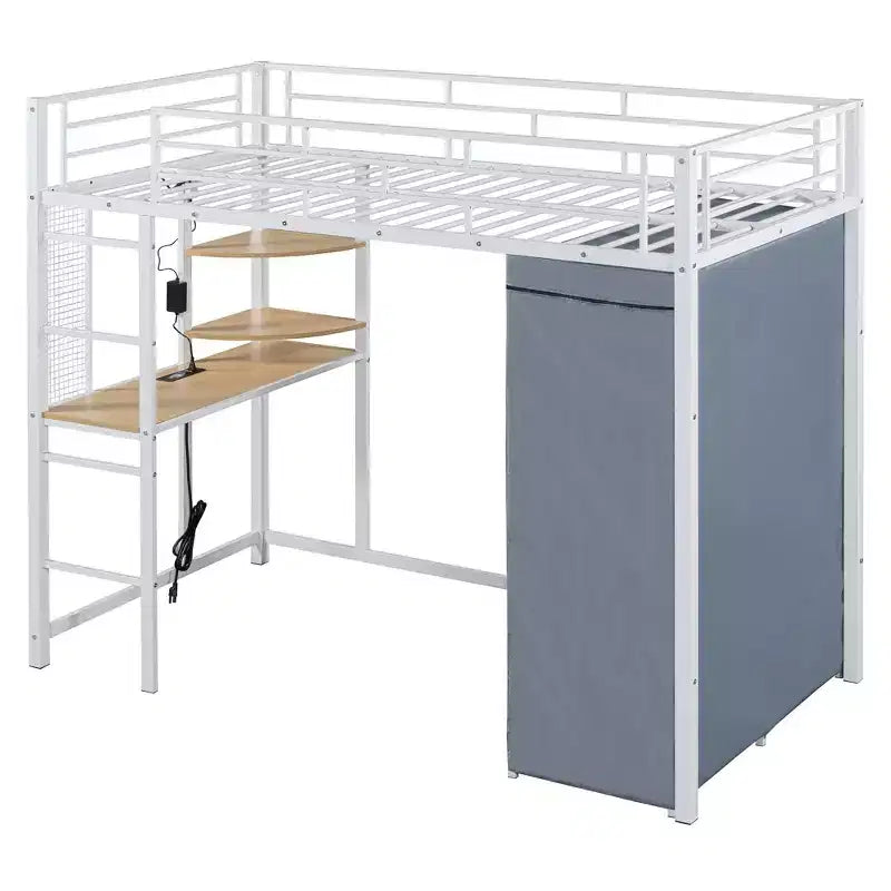Letto a soppalco in metallo con scrivania, mensole, armadio, presa di corrente e LED