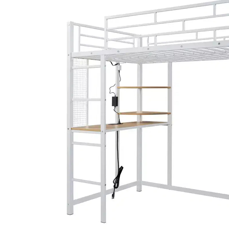 Letto a soppalco in metallo con scrivania, mensole, armadio, presa di corrente e LED