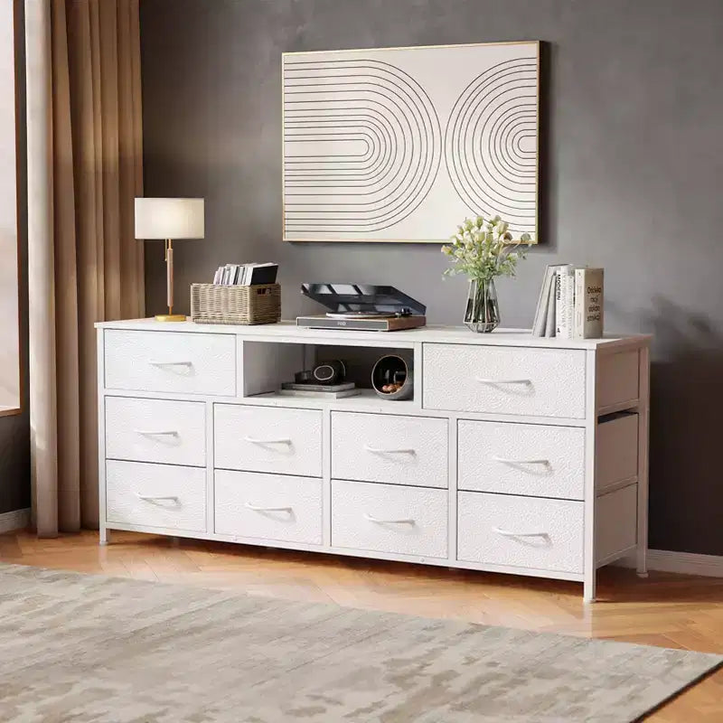 Mobile TV bianco da 55 pollici, comò con 10 cassetti, prese elettriche, luci LED, console multimediale per TV da 65 pollici, cassettiera per camera da letto, centro di intrattenimento