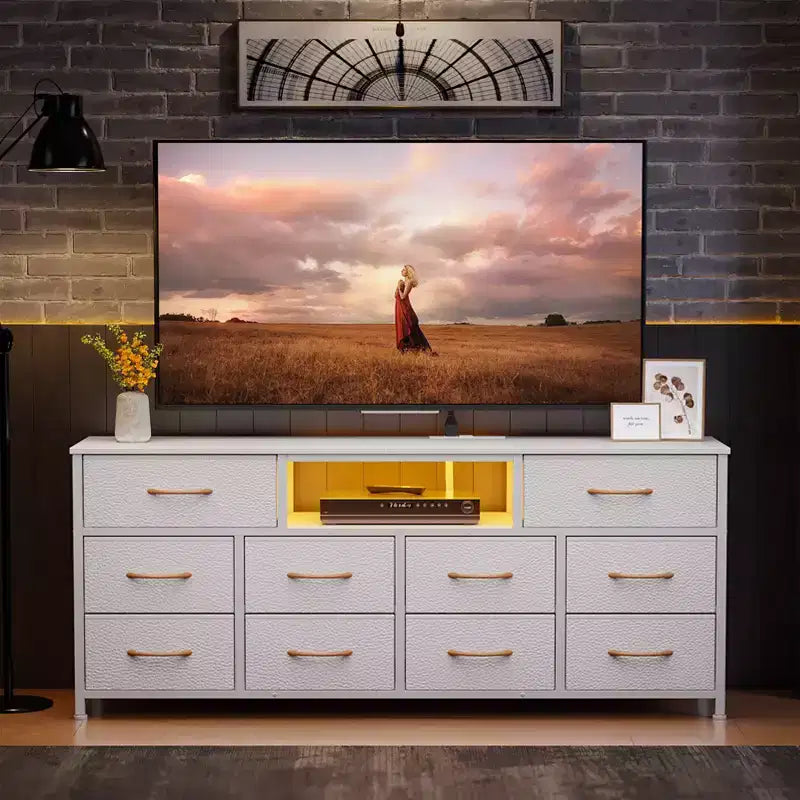 Mobile TV bianco da 55 pollici, comò con 10 cassetti, prese elettriche, luci LED, console multimediale per TV da 65 pollici, cassettiera per camera da letto, centro di intrattenimento