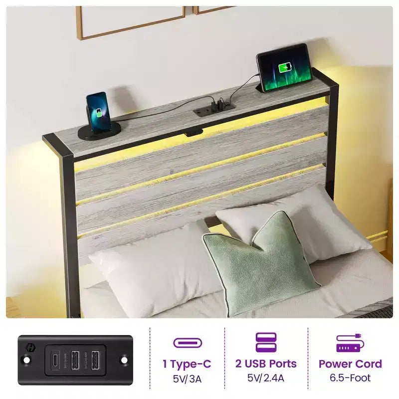 Telaio Letto Industriale in Metallo con Piattaforma e 4 Cassetti Contenitori, Luce LED e Stazione di Ricarica, Base Materasso, Resistente