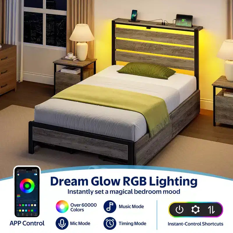 Telaio Letto Industriale in Metallo con Piattaforma e 4 Cassetti Contenitori, Luce LED e Stazione di Ricarica, Base Materasso, Resistente
