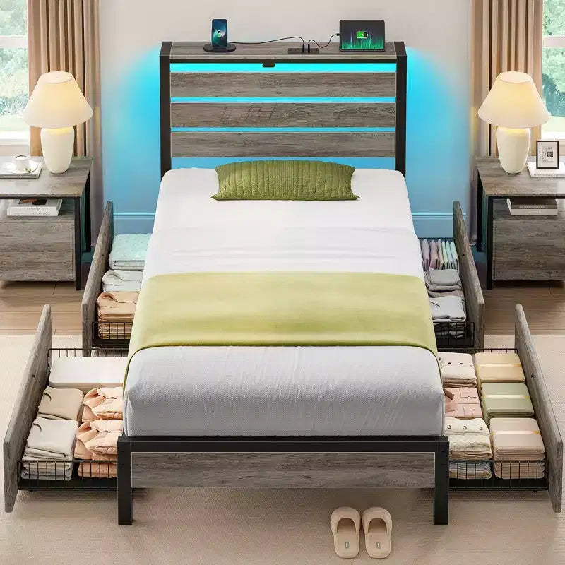 Telaio Letto Industriale in Metallo con Piattaforma e 4 Cassetti Contenitori, Luce LED e Stazione di Ricarica, Base Materasso, Resistente