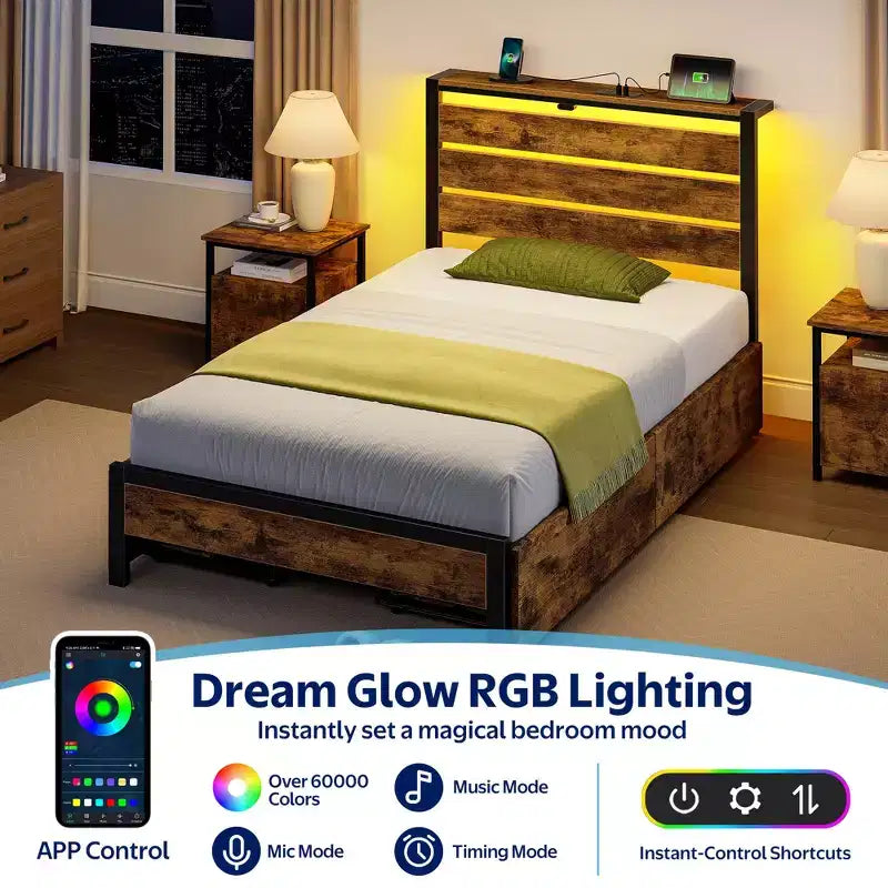 Telaio Letto Industriale in Metallo con Piattaforma e 4 Cassetti Contenitori, Luce LED e Stazione di Ricarica, Base Materasso, Resistente