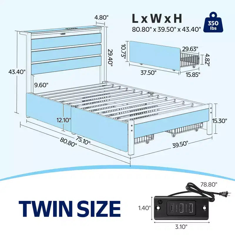 Industrial Metal Platform Bed Frame with 4 Storage Drawers, LED Light & Charging Station, Mattress Foundation, Heavy Duty