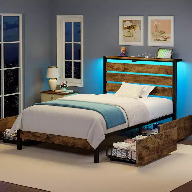 Telaio Letto Industriale in Metallo con Piattaforma e 4 Cassetti Contenitori, Luce LED e Stazione di Ricarica, Base Materasso, Resistente