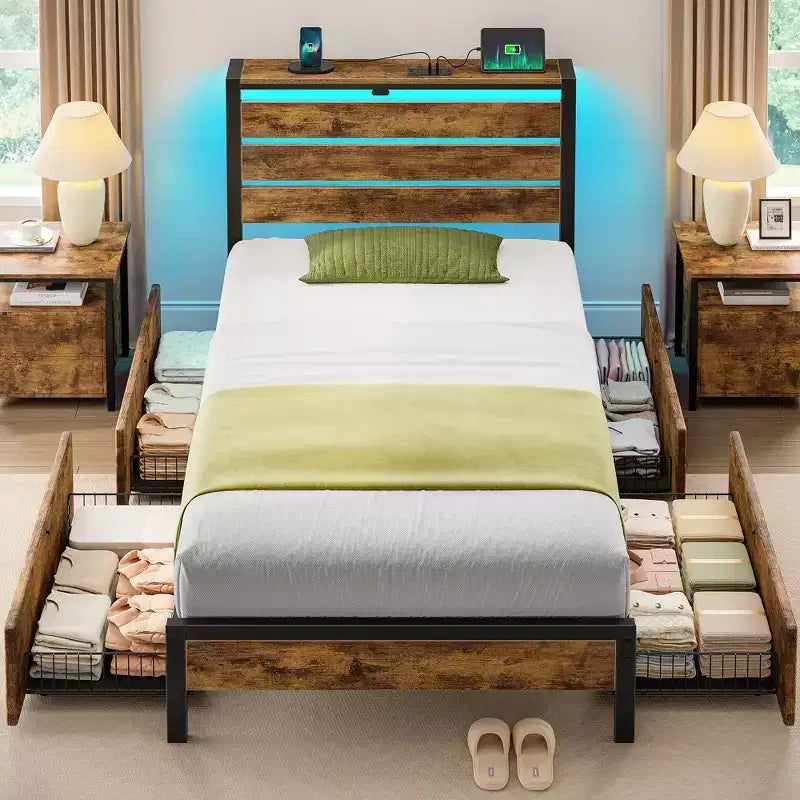 Telaio Letto Industriale in Metallo con Piattaforma e 4 Cassetti Contenitori, Luce LED e Stazione di Ricarica, Base Materasso, Resistente