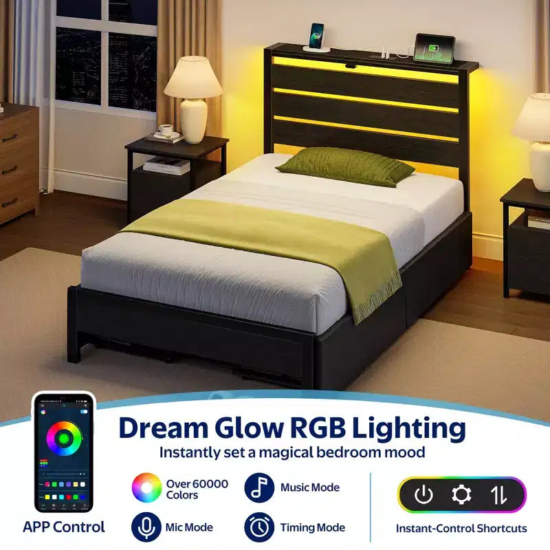 Industrial Metal Platform Bed Frame with 4 Storage Drawers, LED Light & Charging Station, Mattress Foundation, Heavy Duty
