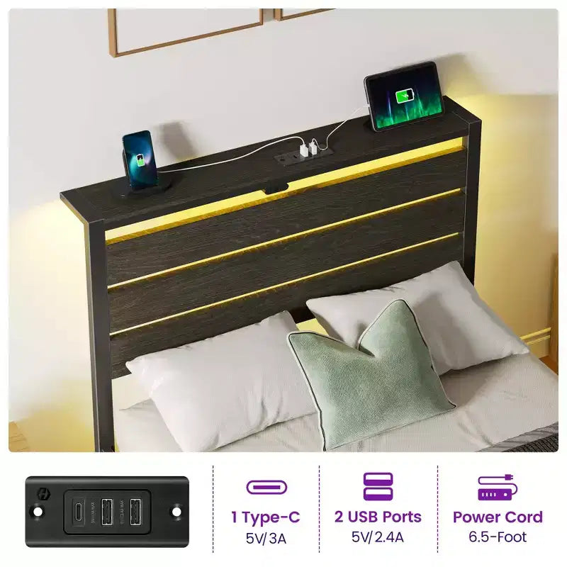 Industrial Metal Platform Bed Frame with 4 Storage Drawers, LED Light & Charging Station, Mattress Foundation, Heavy Duty