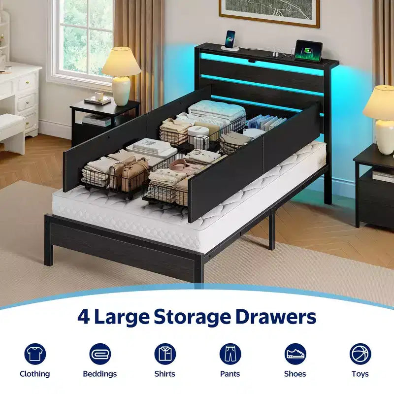 Telaio Letto Industriale in Metallo con Piattaforma e 4 Cassetti Contenitori, Luce LED e Stazione di Ricarica, Base Materasso, Resistente