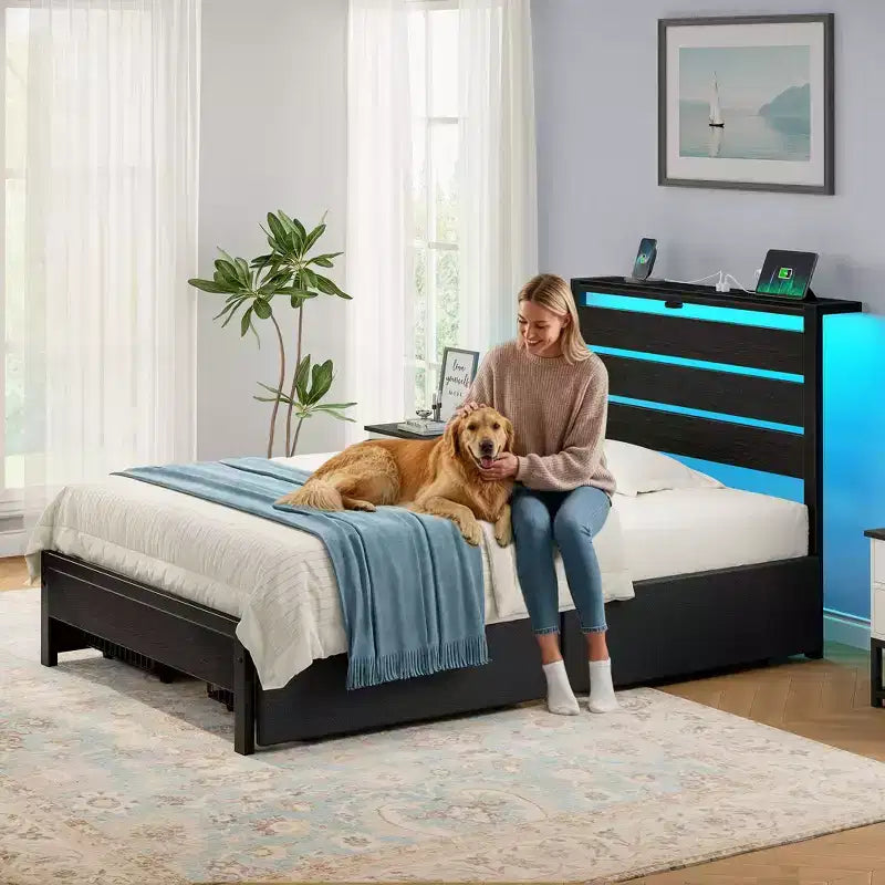 Telaio Letto Industriale in Metallo con Piattaforma e 4 Cassetti Contenitori, Luce LED e Stazione di Ricarica, Base Materasso, Resistente