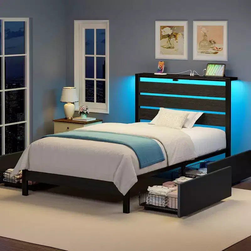 Telaio Letto Industriale in Metallo con Piattaforma e 4 Cassetti Contenitori, Luce LED e Stazione di Ricarica, Base Materasso, Resistente
