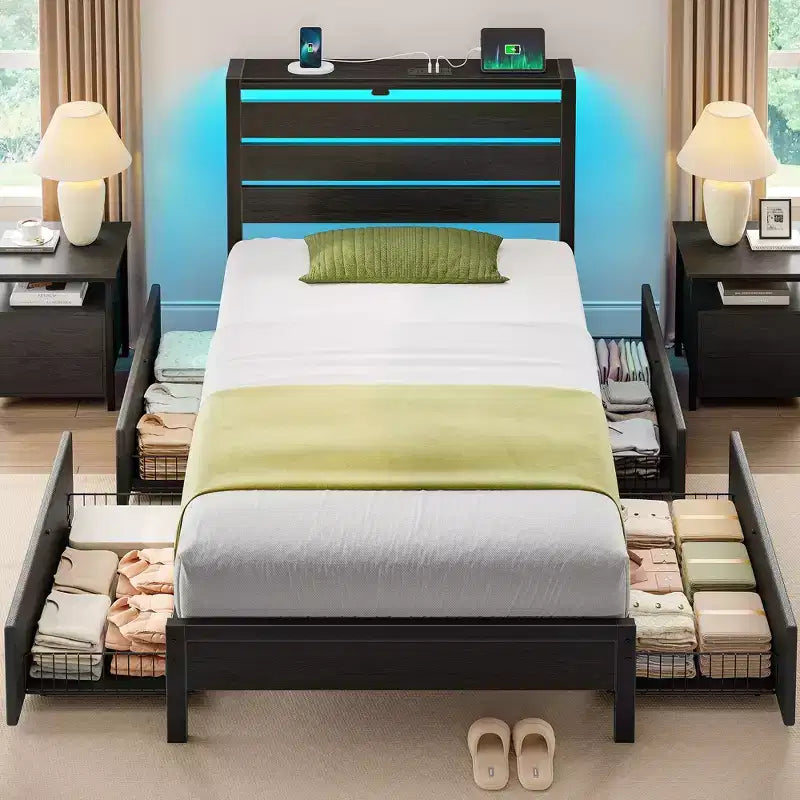Telaio Letto Industriale in Metallo con Piattaforma e 4 Cassetti Contenitori, Luce LED e Stazione di Ricarica, Base Materasso, Resistente