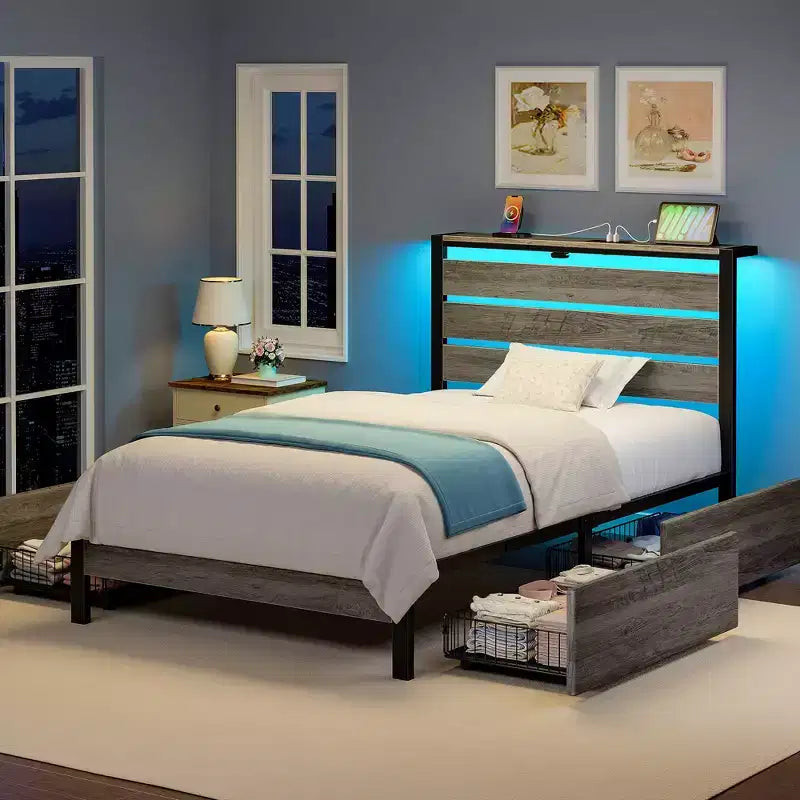 Industrial Metal Platform Bed Frame with 4 Storage Drawers, LED Light & Charging Station, Mattress Foundation, Heavy Duty