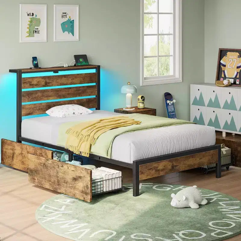 Industrial Metal Platform Bed Frame with 4 Storage Drawers, LED Light & Charging Station, Mattress Foundation, Heavy Duty