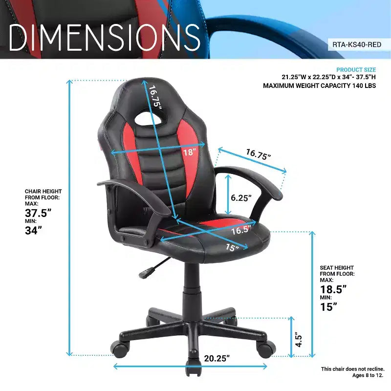 Sedia da gaming ergonomica per bambini, sedia girevole a 360° con ruote, sedia da computer nera/rossa per ufficio e casa, sedia versatile per il tempo libero