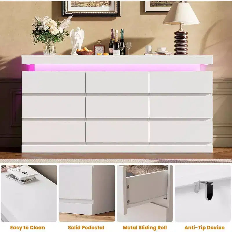 Cassettiera a 9 cassetti con porte e prese, comò e porta TV largo 160 cm, armadietto contenitore per camera da letto
