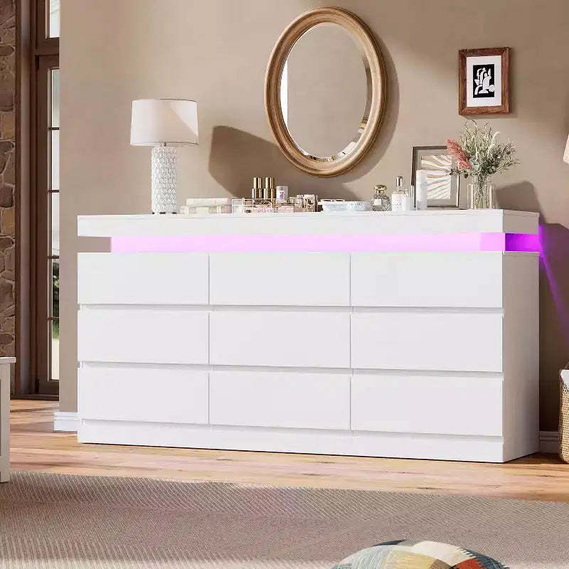 Cassettiera a 9 cassetti con porte e prese, comò e porta TV largo 160 cm, armadietto contenitore per camera da letto