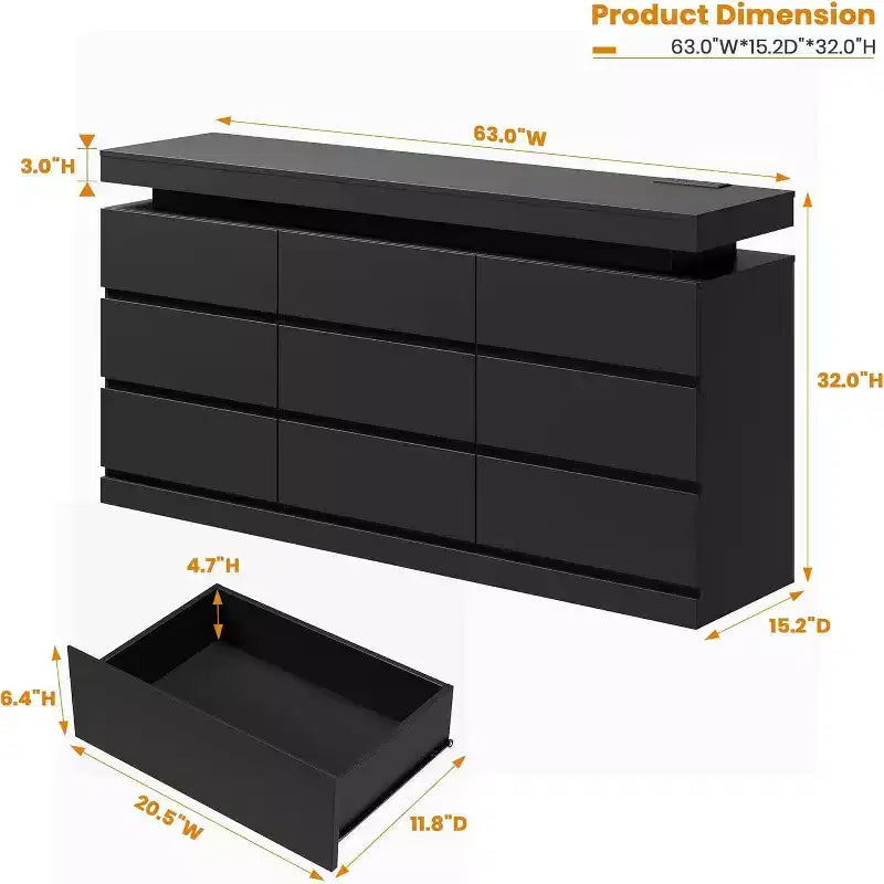 Cassettiera a 9 cassetti con porte e prese, comò e porta TV largo 160 cm, armadietto contenitore per camera da letto