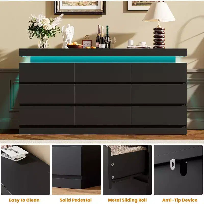Cassettiera a 9 cassetti con porte e prese, comò e porta TV largo 160 cm, armadietto contenitore per camera da letto