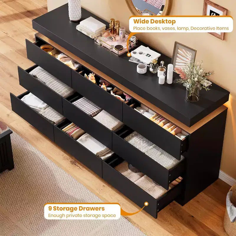 9 Drawer Dresser with Ports and Outlets, 63 Inch Wide Chest of Drawers and TV Stand, Bedroom Storage Cabinet