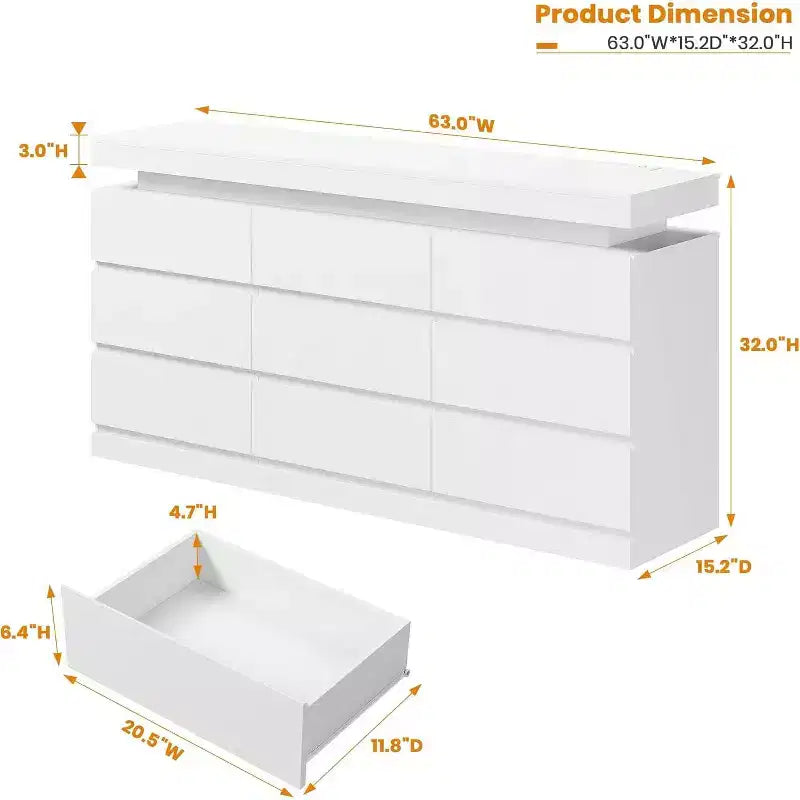 Cassettiera a 9 cassetti con porte e prese, comò e porta TV largo 160 cm, armadietto contenitore per camera da letto