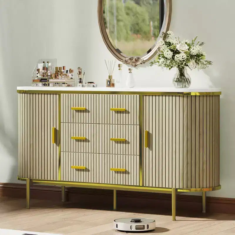 47 Cassettiera Credenza a Buffet Moderna di Metà Secolo in Finto Marmo, Consolle Contenitore Scanalata con 3 Cassetti e Gambe in Metallo per Sala da Pranzo Soggiorno Ingresso