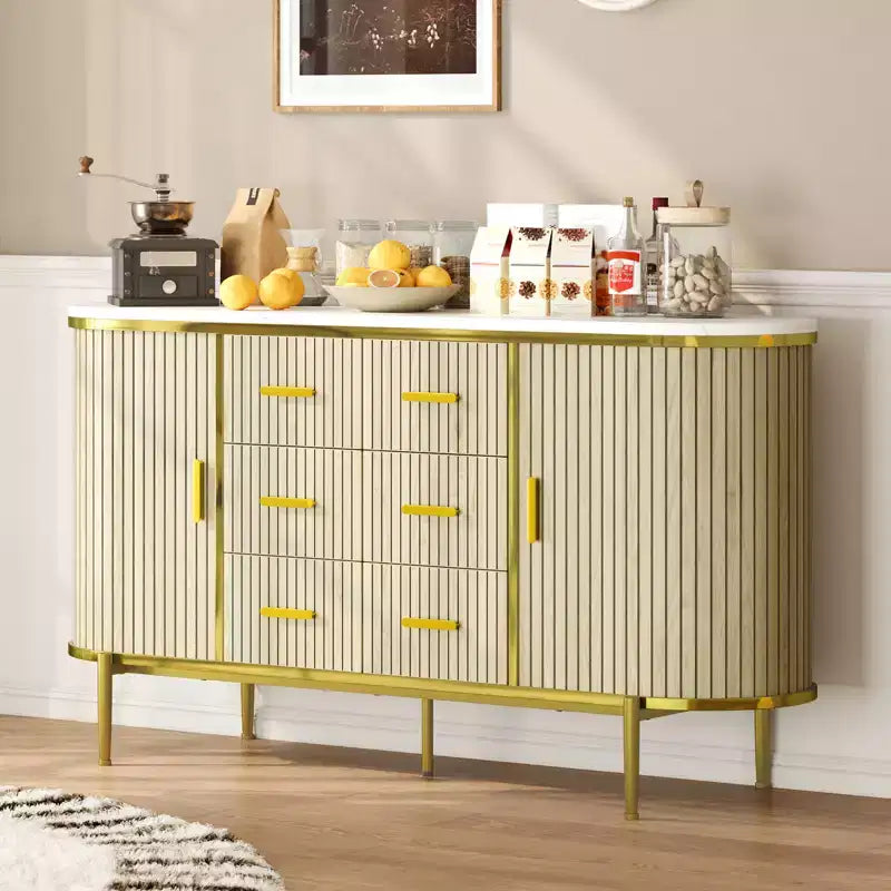 47 Cassettiera Credenza a Buffet Moderna di Metà Secolo in Finto Marmo, Consolle Contenitore Scanalata con 3 Cassetti e Gambe in Metallo per Sala da Pranzo Soggiorno Ingresso