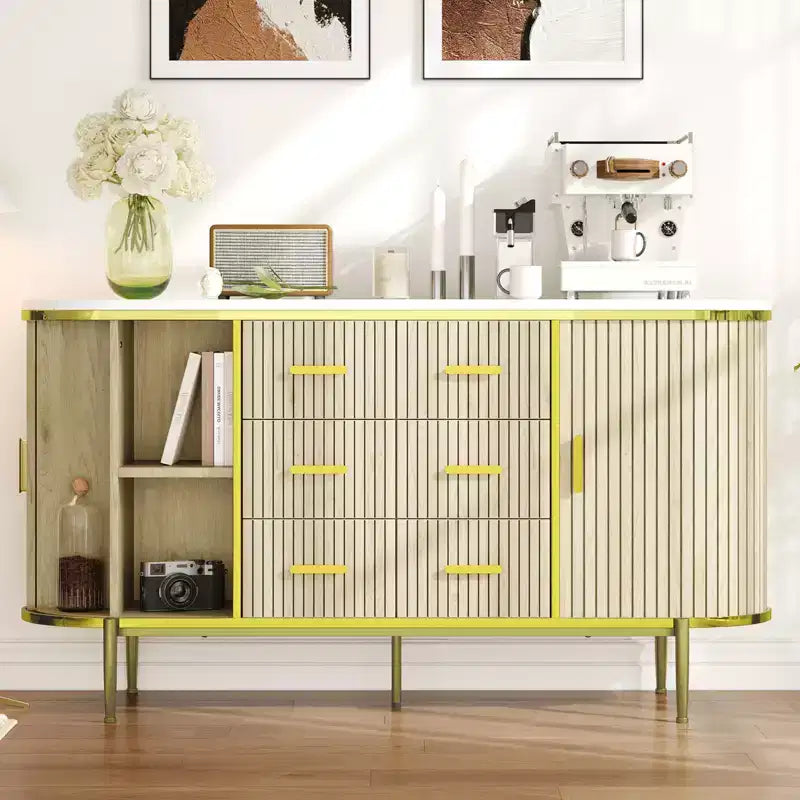 47 Cassettiera Credenza a Buffet Moderna di Metà Secolo in Finto Marmo, Consolle Contenitore Scanalata con 3 Cassetti e Gambe in Metallo per Sala da Pranzo Soggiorno Ingresso