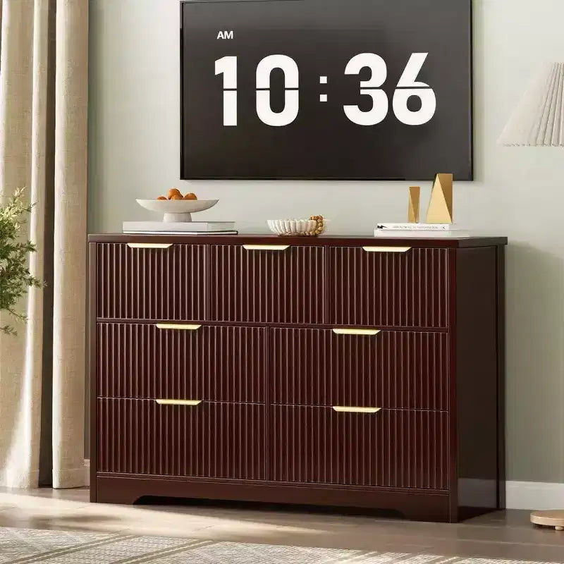 Cassettiera scanalata a 7 cassetti per camera da letto - Cassettiera in legno larga 120 cm con maniglie in metallo, organizer moderno e mobile TV con console multimediale