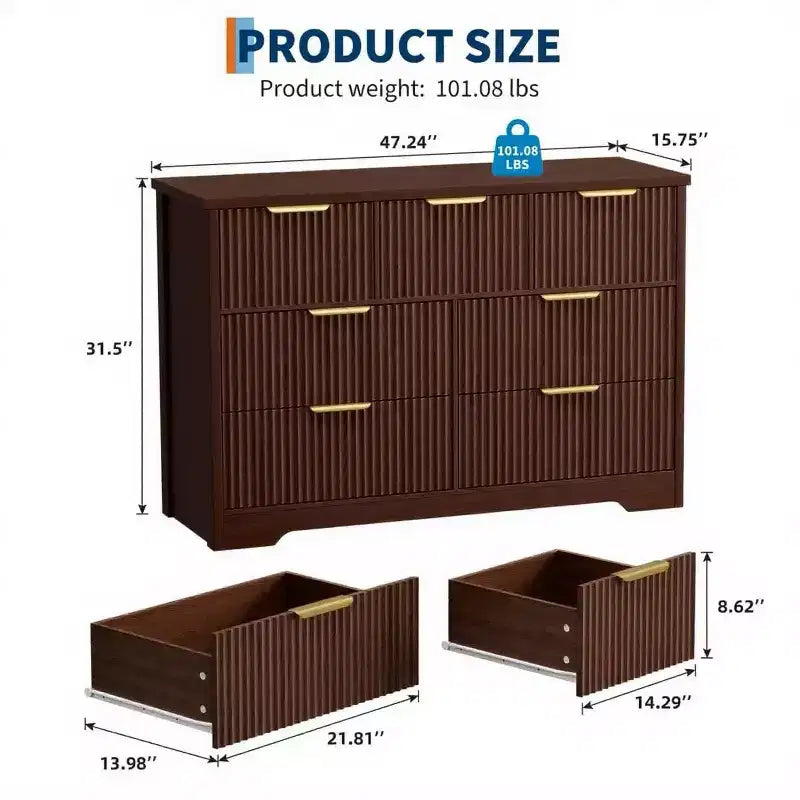 Cassettiera scanalata a 7 cassetti per camera da letto - Cassettiera in legno larga 120 cm con maniglie in metallo, organizer moderno e mobile TV con console multimediale