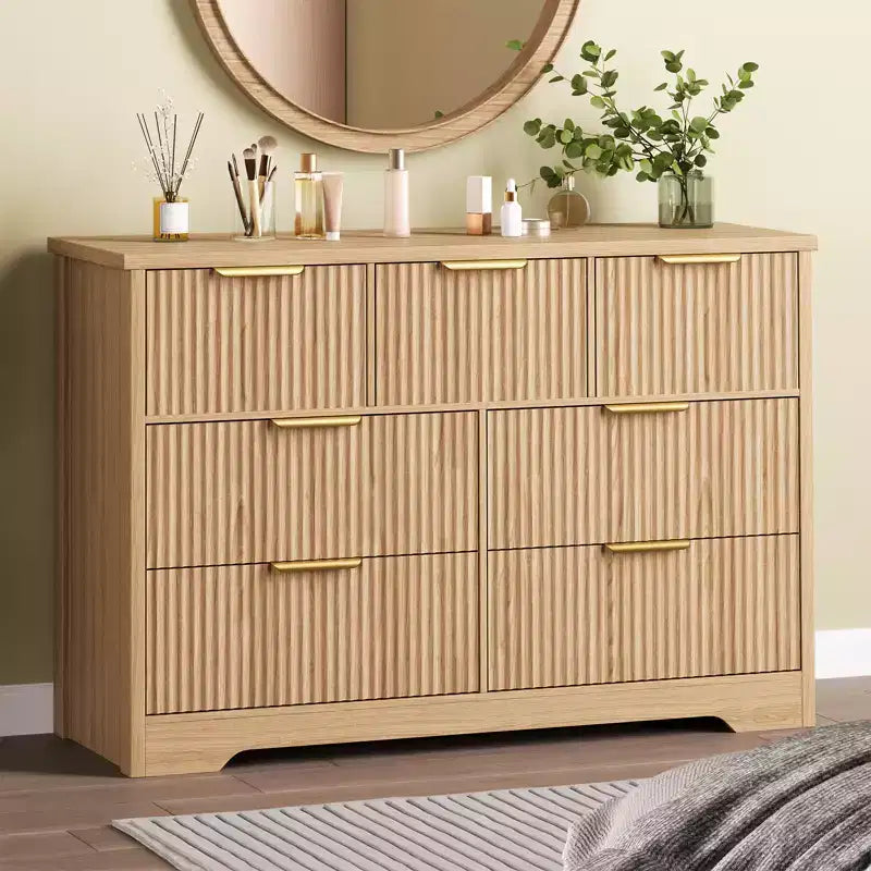 7 Drawer Fluted Dresser for Bedroom - 47.24 Inch Wide Wooden Chest with Metal Handles, Modern Storage Organizer & Media Console TV Stand