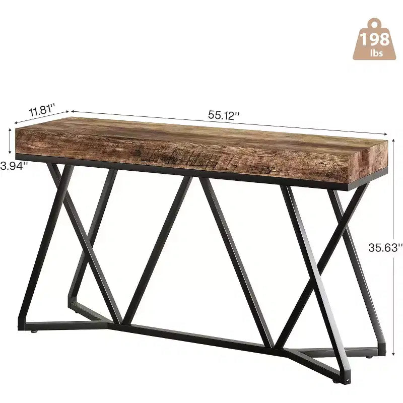 55-Inch Console Table for Entryway, Industrial Wooden Sofa Table with Geometric Metal Base for Living Room, Entrance, Hallway