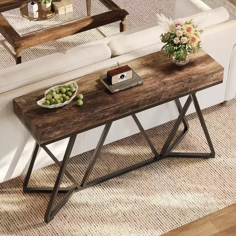 Tavolo Consolle da 55 Pollici per Ingresso, Tavolino da Divano Industriale in Legno con Base Geometrica in Metallo per Soggiorno, Ingresso, Corridoio
