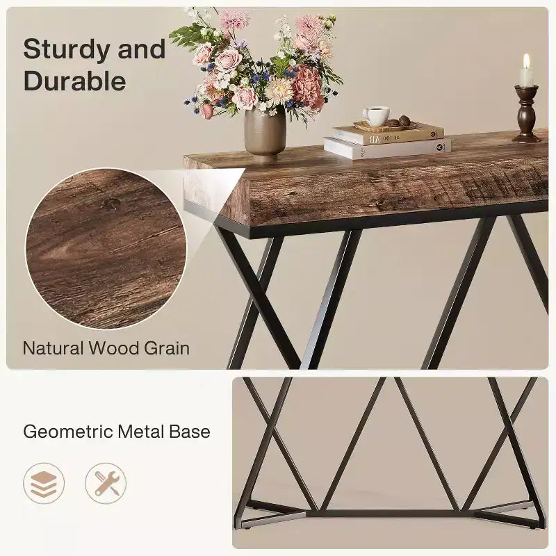 Tavolo Consolle da 55 Pollici per Ingresso, Tavolino da Divano Industriale in Legno con Base Geometrica in Metallo per Soggiorno, Ingresso, Corridoio