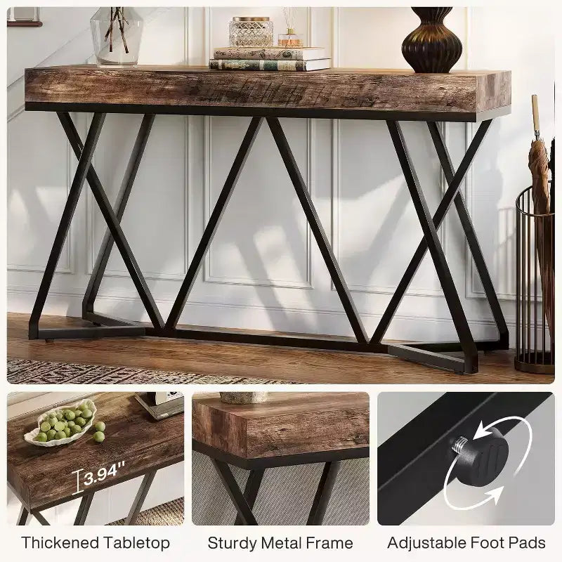 Tavolo Consolle da 55 Pollici per Ingresso, Tavolino da Divano Industriale in Legno con Base Geometrica in Metallo per Soggiorno, Ingresso, Corridoio