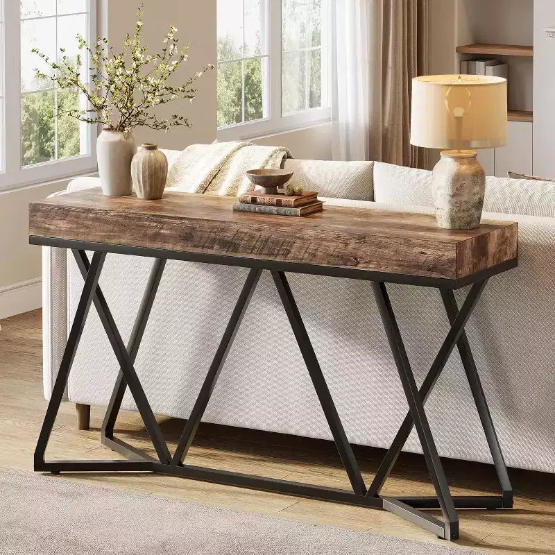 Tavolo Consolle da 55 Pollici per Ingresso, Tavolino da Divano Industriale in Legno con Base Geometrica in Metallo per Soggiorno, Ingresso, Corridoio