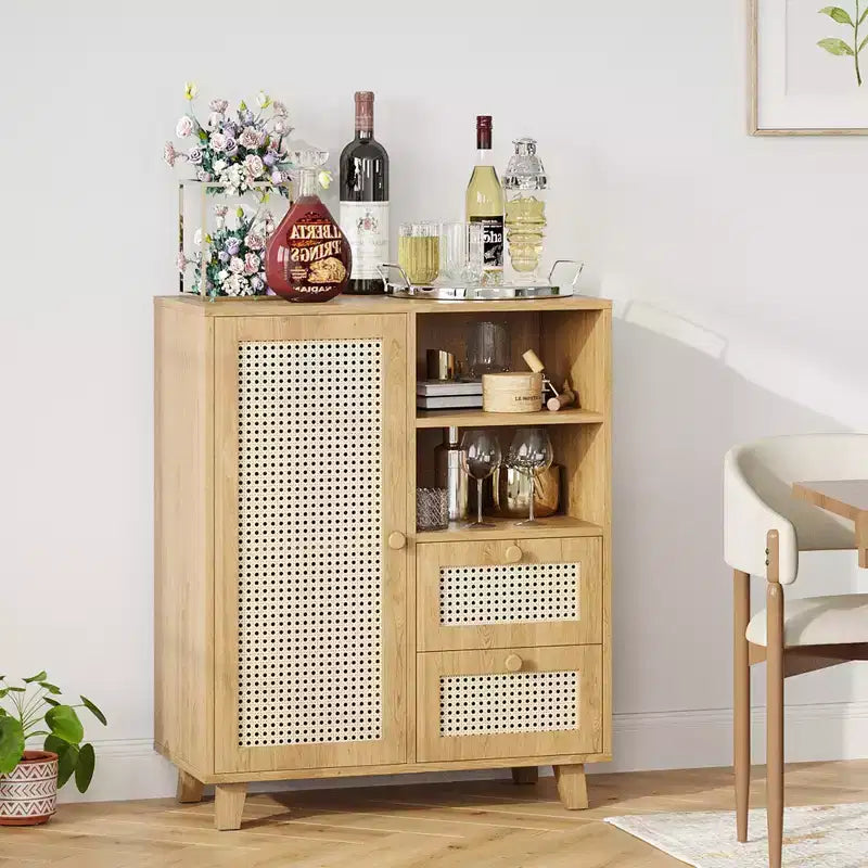 15-inch Rattan Sideboard with Adjustable Shelves and Smooth-Gliding Drawers, Natural Color